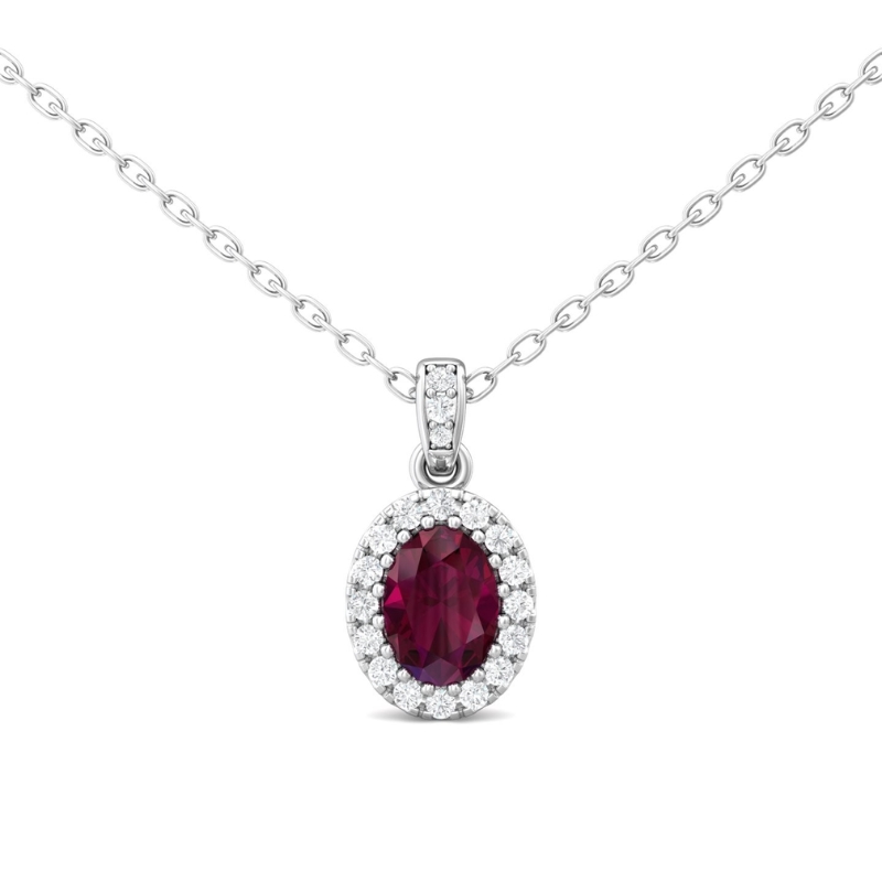 Yellow Gold Oval Ruby Solitaire and Diamond Halo Pendant Neckalce