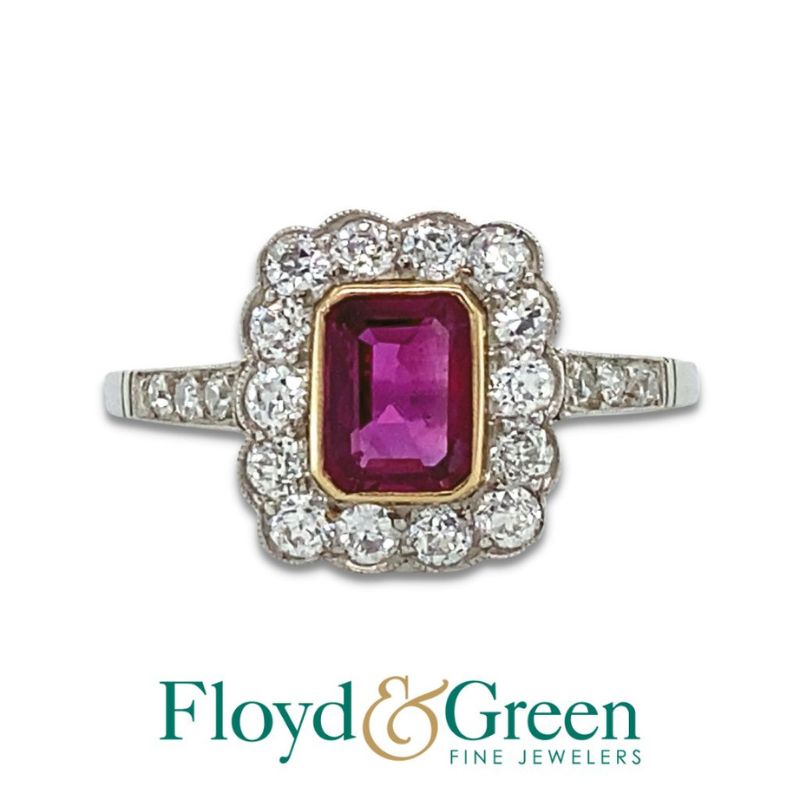 Platinum and Yellow Gold Ruby Diamond Halo Ring