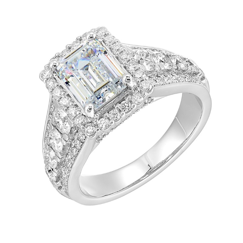 14Kt White Gold Semi Mount 1 1/3Ctw For 2Ctw Emerald Cut Center