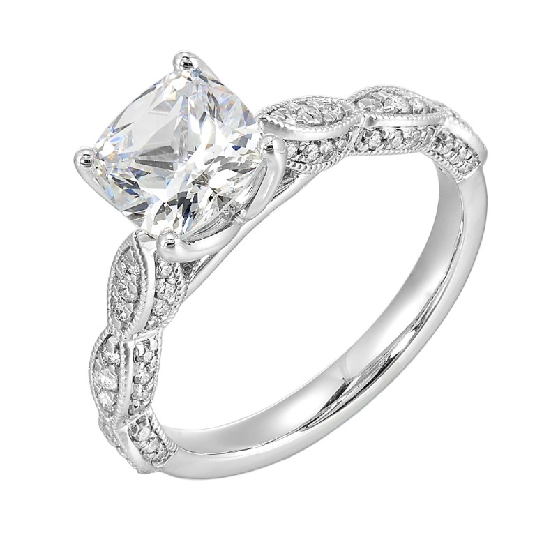 14Kt White Gold Semi Mount 1/3Ctw For 2Ctw Cushion Center